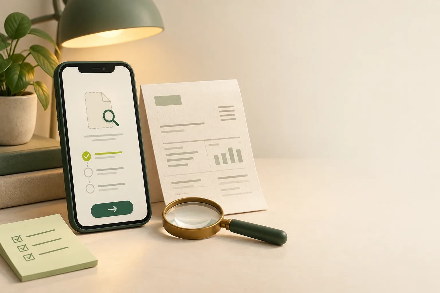 Phone, sample bill and magnifying glass representing bill support